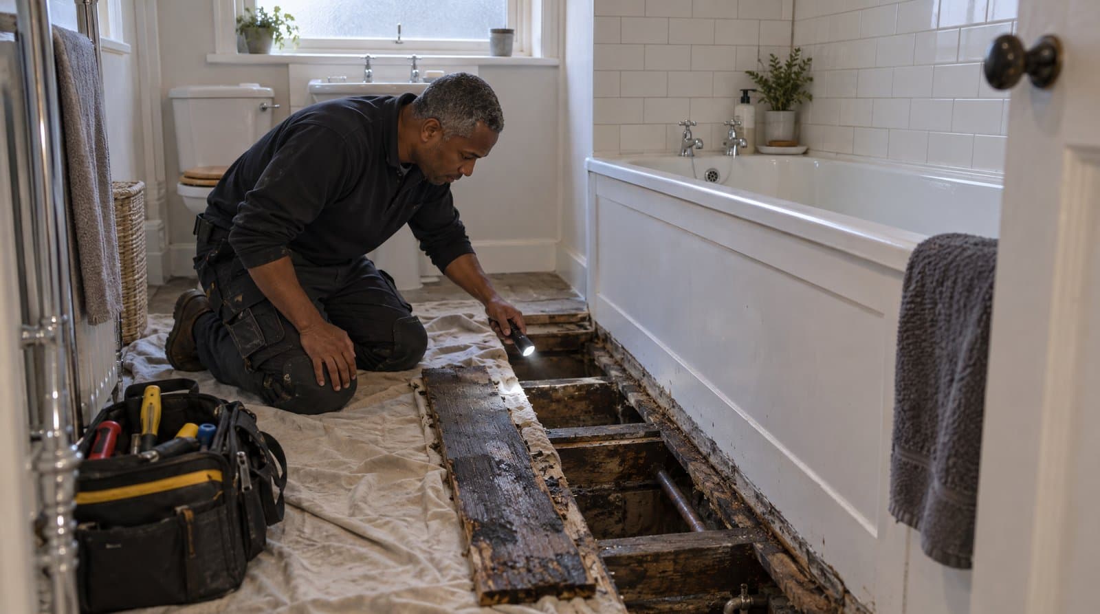 Plumber kneeling on a dust sheet, back from a gap in the floorboards beside a bath, shining a torch at the dark, water-stained joists below
