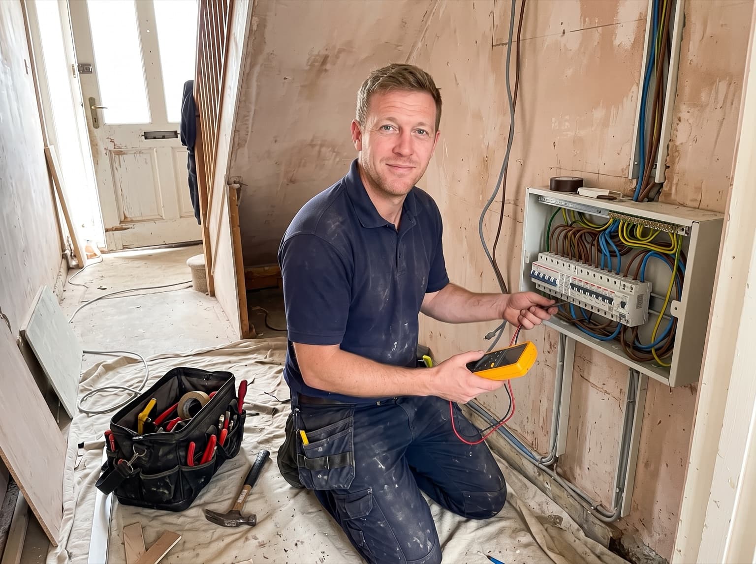 Electrician looking up at the camera with a slight smile beside an open consumer unit in a hallway being rewired