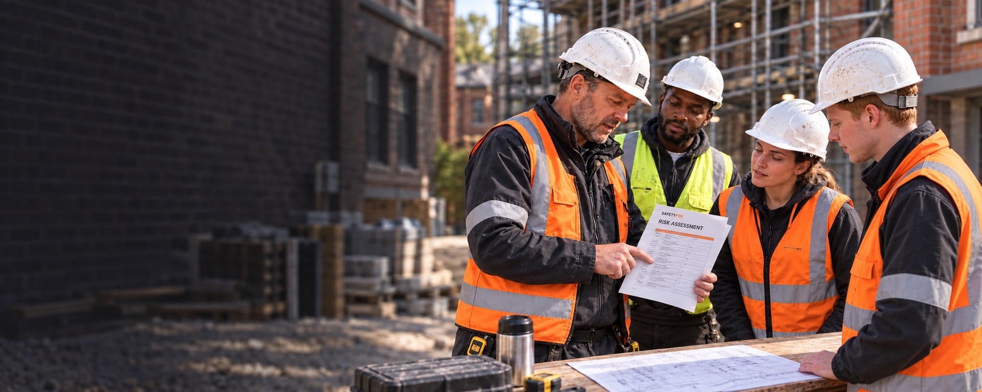 Four construction professionals reviewing a printed Safetyfox risk assessment together before starting work on a brick refurbishment