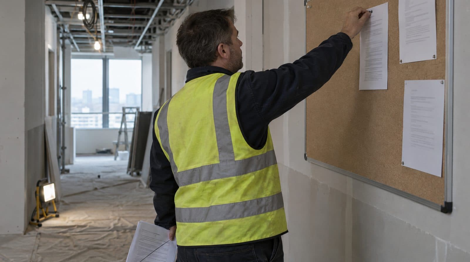 Site supervisor in a hi-vis vest pinning a new printed document to a cork noticeboard in an office corridor under refurbishment, holding the old copy, struck through, in the other hand