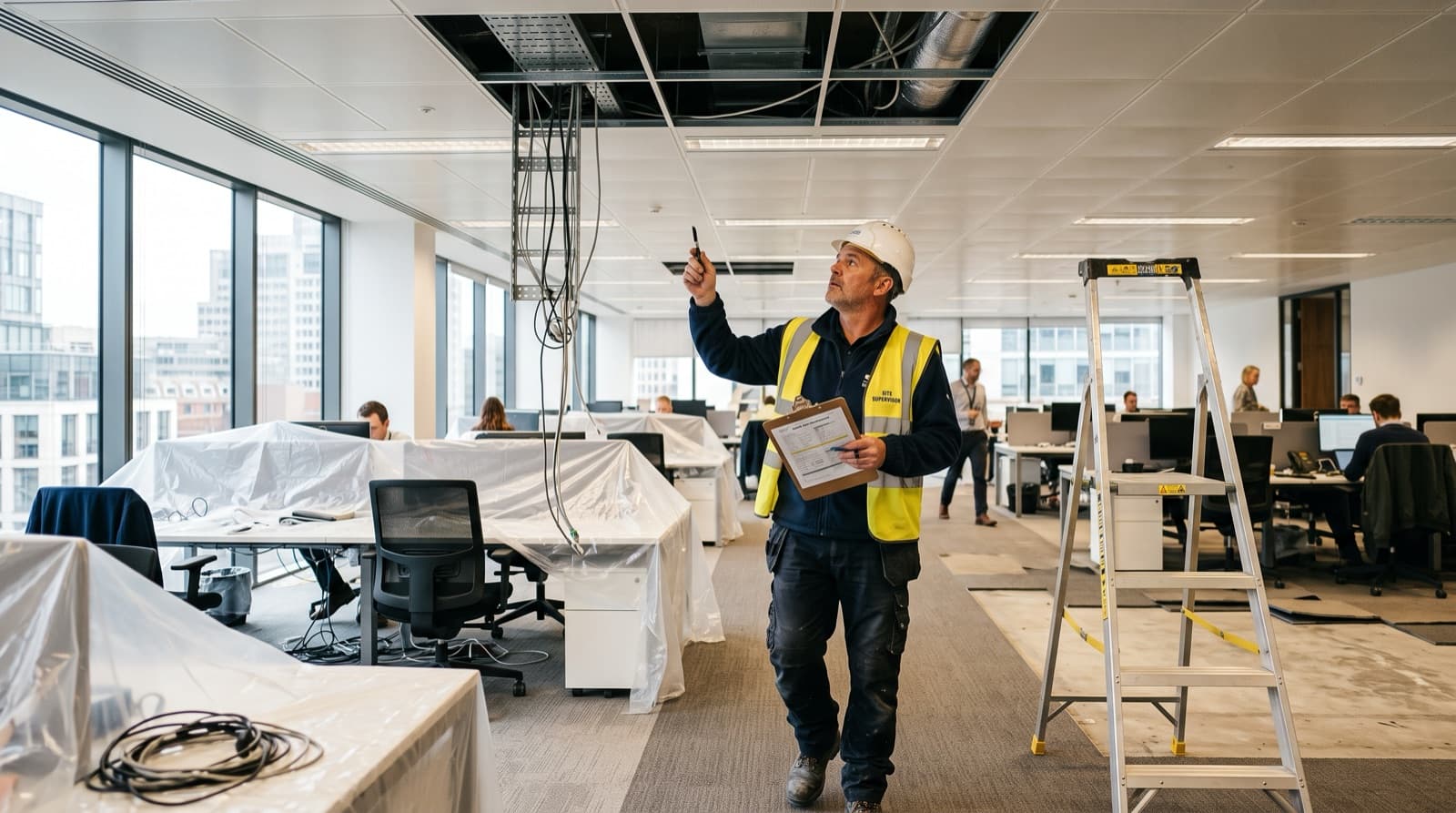 Site supervisor in a hi-vis waistcoat and hard hat walking through an occupied office being refurbished, looking up at an open ceiling with a clipboard in hand