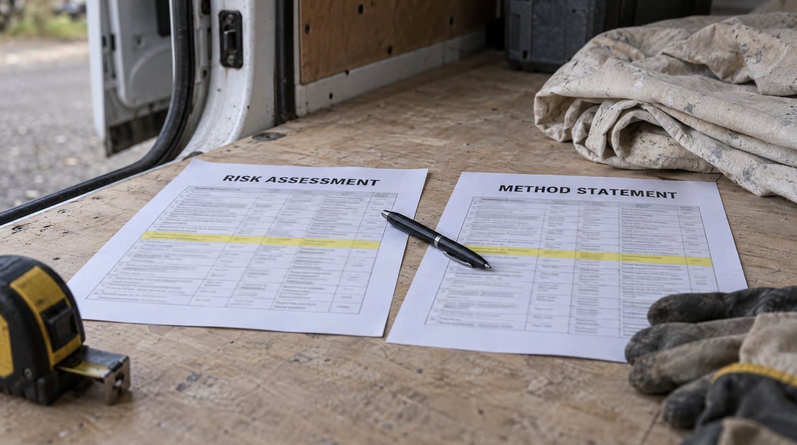 A printed risk assessment and a printed method statement lying side by side on the floor of a van, the same row highlighted in yellow on each, with a pen across the gap