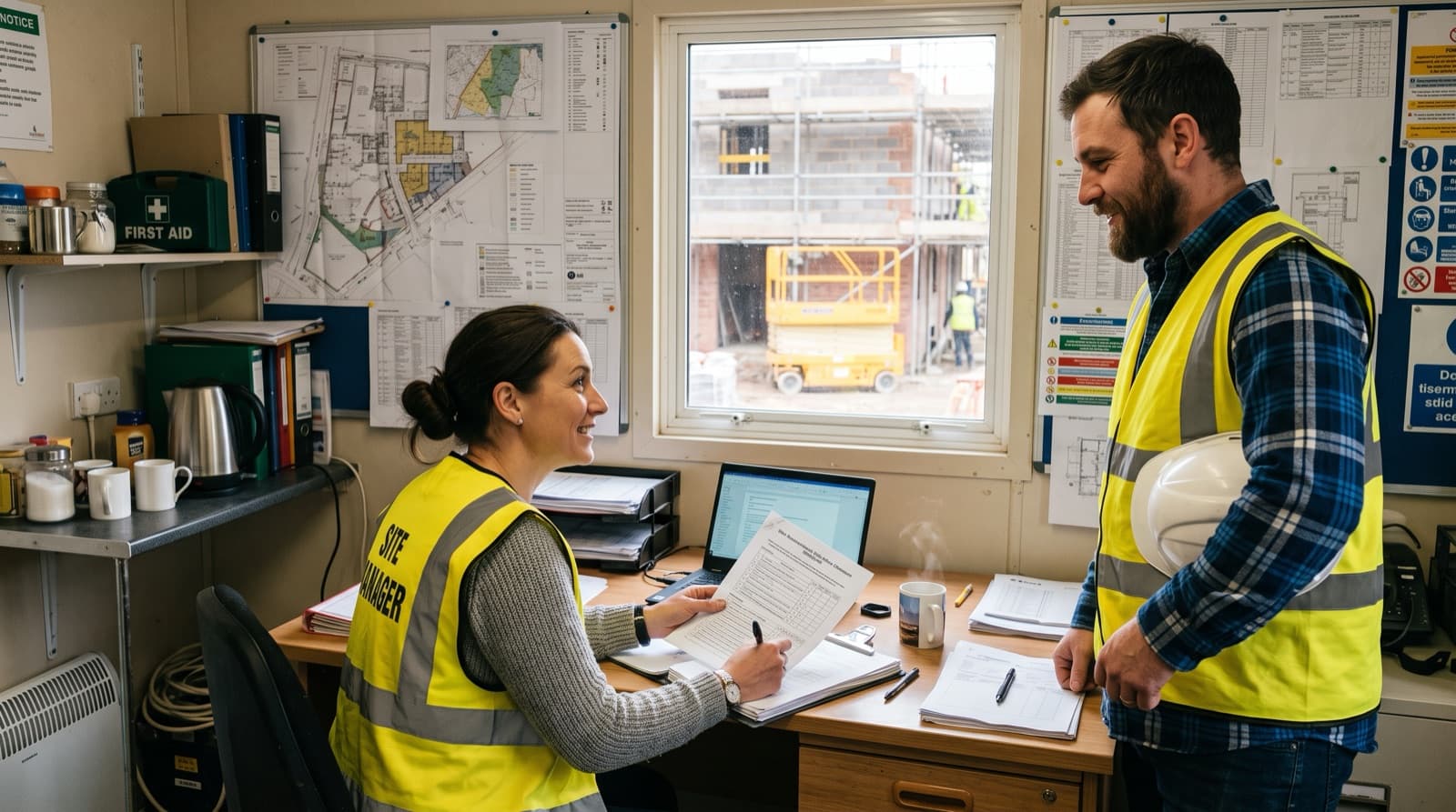 Site manager in a hi-vis vest at a desk in a site office checking a printed RAMS pack while an electrician stands across the desk with his hard hat under his arm