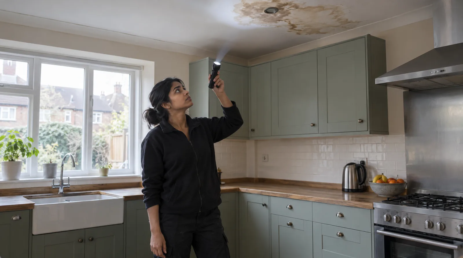 Tradesperson in a family kitchen shining a torch up at a brown water stain spreading across the ceiling around a recessed light that is switched off