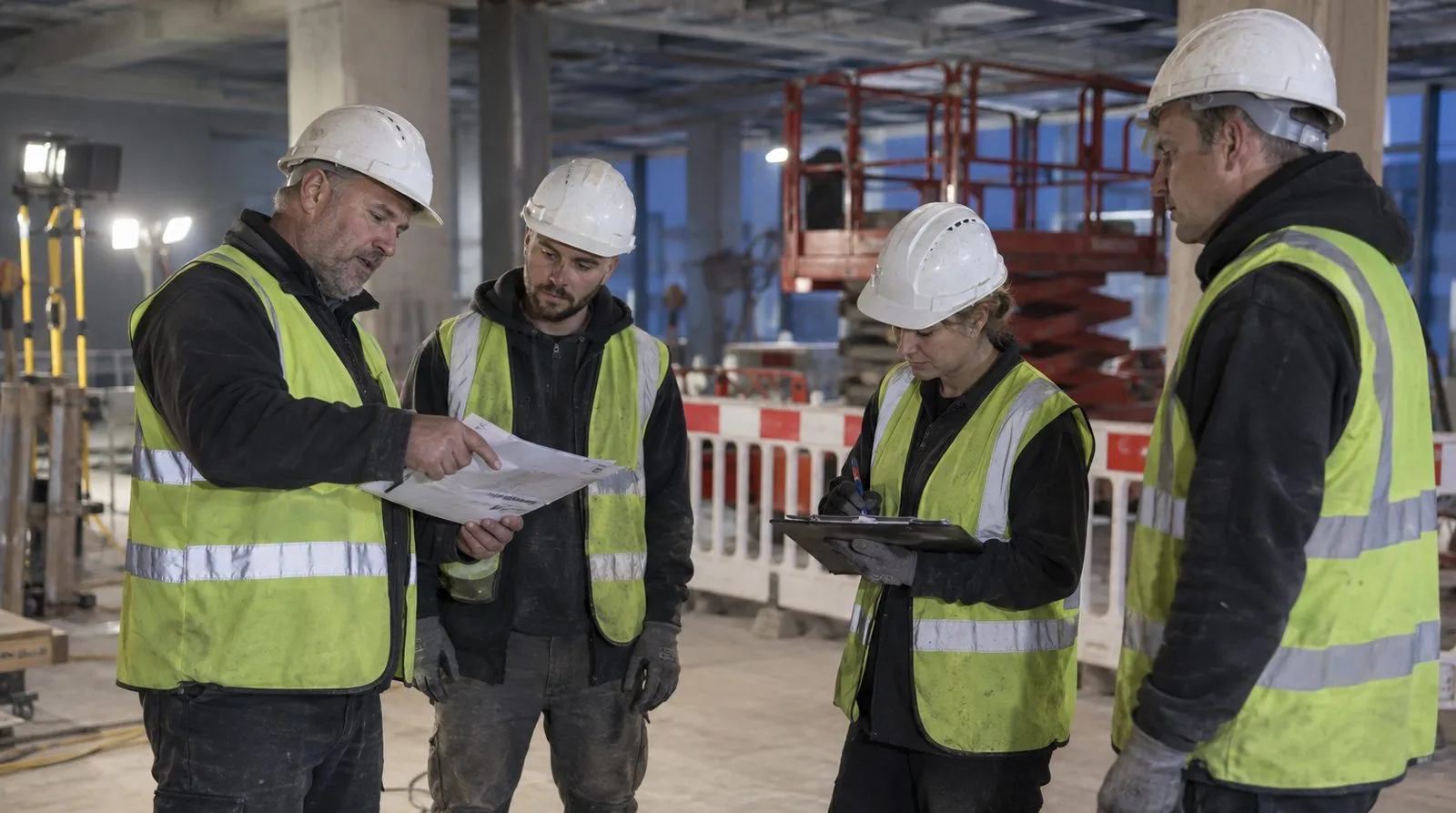 Supervisor in a hard hat pointing to a page of a revised document while three operatives listen at the start of a night shift, one signing a sheet on a clipboard, with a scissor lift behind a barrier