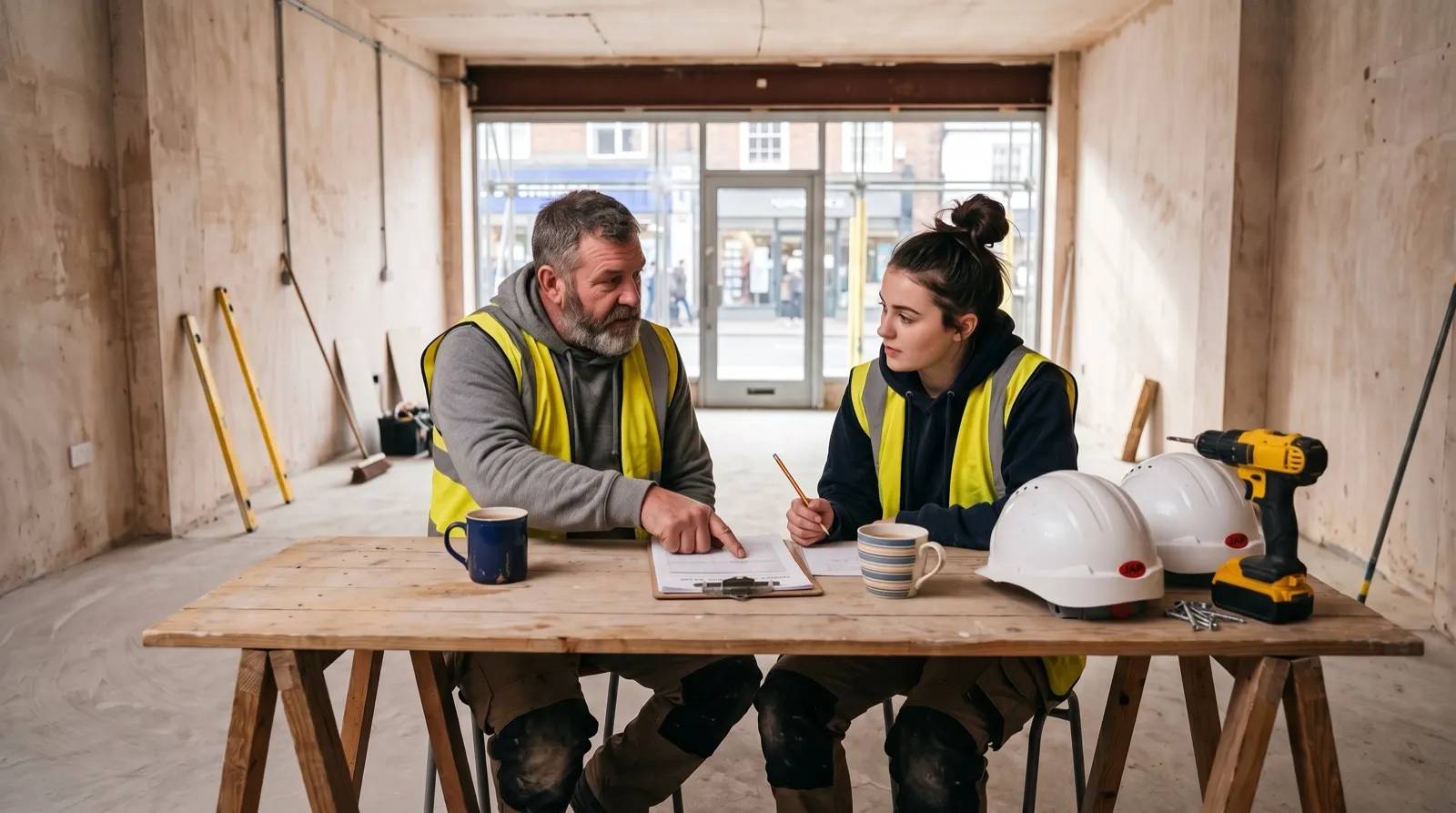 Joiner pointing at a printed risk assessment on a trestle table while an apprentice listens, in a stripped-out shop unit