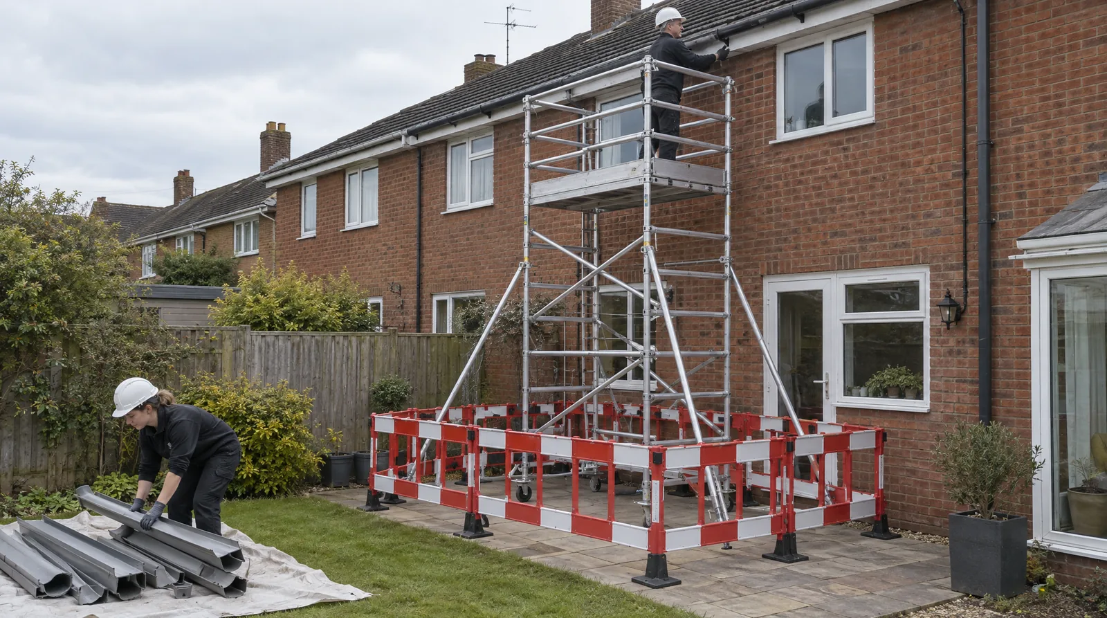 Mobile access tower with guardrails and toe boards against the rear wall of a brick terraced house: a tradesman on the platform unscrews an old gutter bracket at the eaves, and a barrier closes off the ground around the tower while a colleague stacks gutter lengths on the lawn outside it