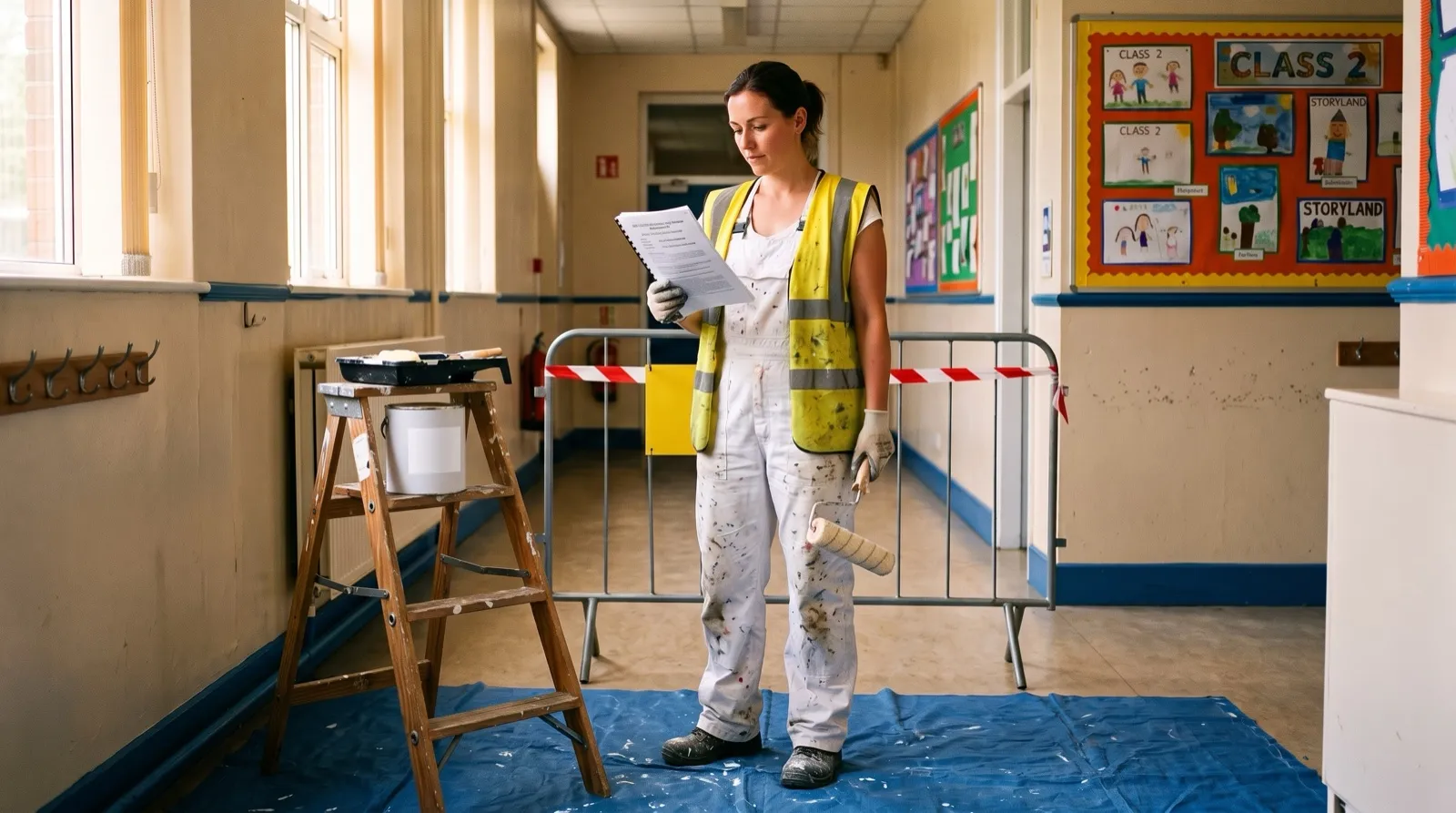 Painter and decorator in white overalls and a hi-vis waistcoat reading a printed RAMS pack in a school corridor, with a barrier and dust sheets behind her